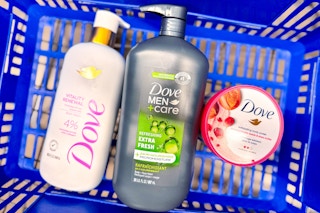 Dove body wash, body scrub and Dove Men+Care body wash in a Walmart basket