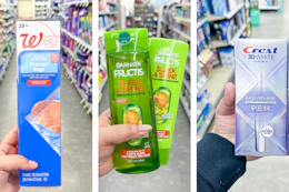 collage with garnier hair care, walgreens storage bags, and crest whitening pen