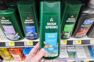 hand holding a bottle of irish spring body wash at dollar general