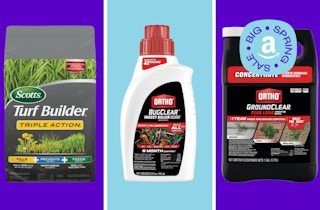 Turf builder bag and bottles of weed killer and insect killer