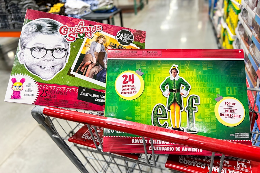 a christmas story and elf advent calendars in a cart
