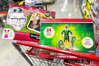 a christmas story and elf advent calendars in a cart