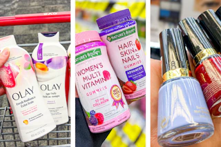 collage image of olay body wash, natures bounty hair skin nails gummies, and revlon nail polish