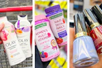 collage image of olay body wash, natures bounty hair skin nails gummies, and revlon nail polish