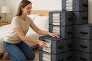 a woman using moving bags