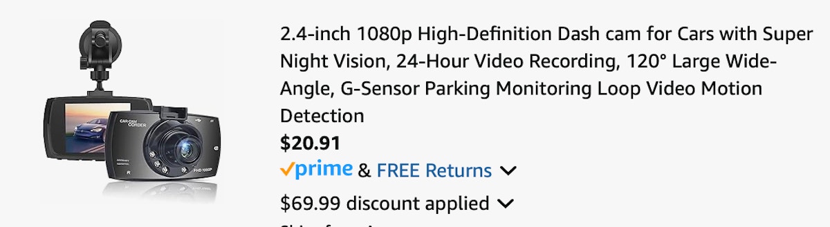 Dash cam Amazon receipt