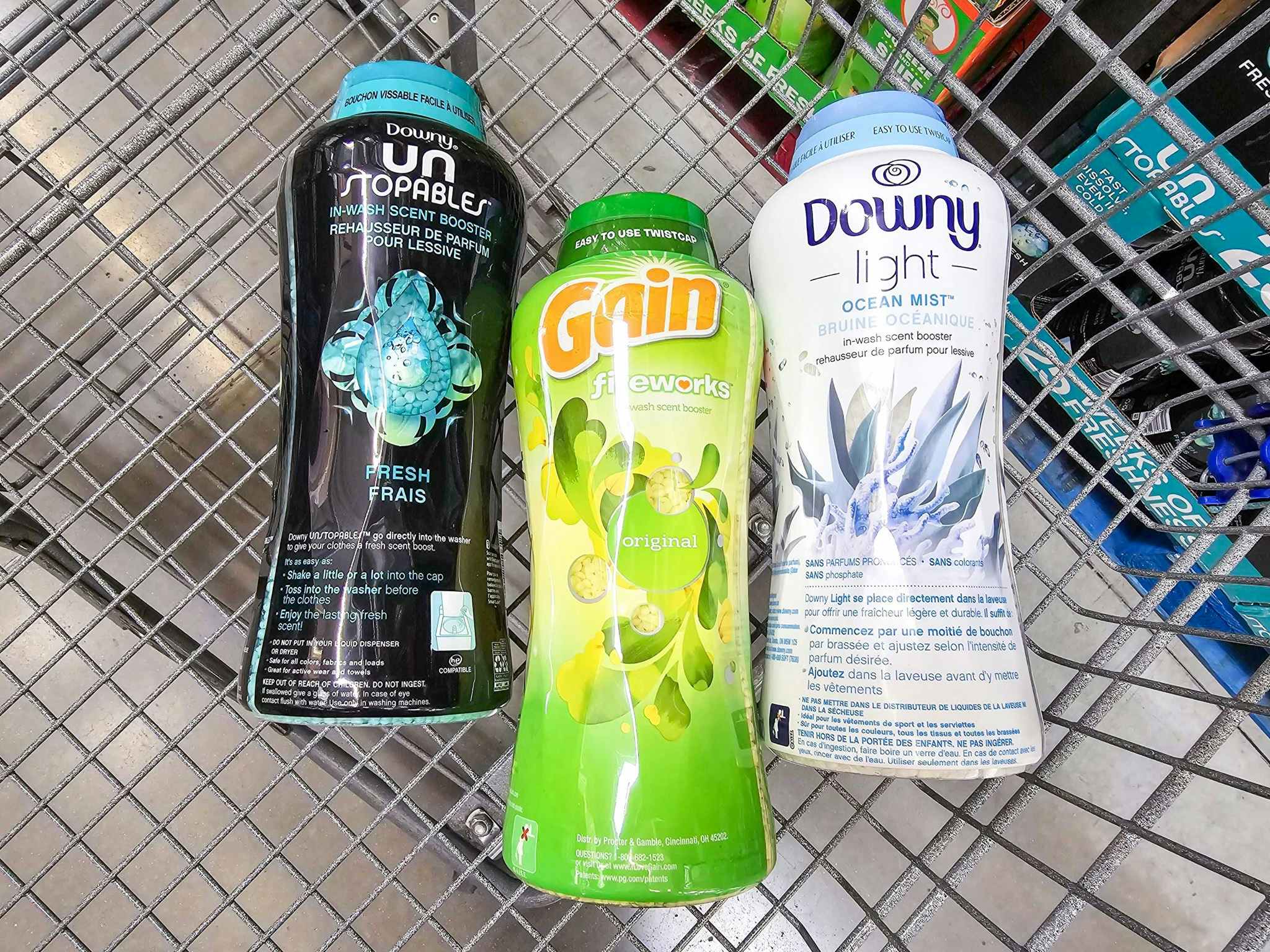 gain and downy in-wash scent bead containers in a shopping cart