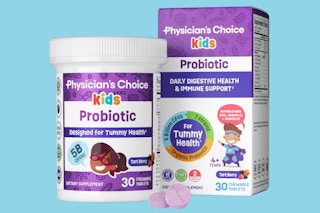 A jar of Physician's Choice kids' probiotic supplements next to a box for the same product