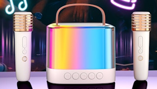 a mini karaoke machine and two mics