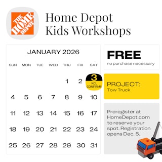 calendar graphic of home depot kids workshop jan 3 2026