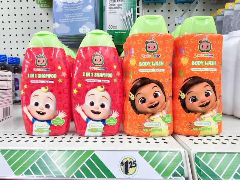 bottles of cocomelon body wash and shampoo on a shelf