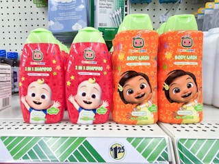 bottles of cocomelon body wash and shampoo on a shelf
