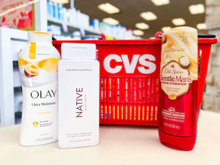 olay, old spice, and native body wash by a cvs shopping basket