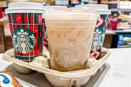 starbucks drinks in a carrier