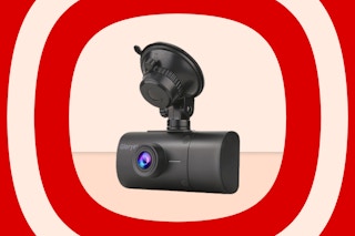 a dash cam on a red background