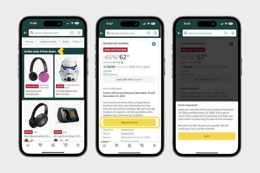 three phones showing how to request an invitation to an invite-only deal on amazon
