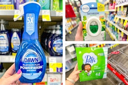 collage image of dawn powerwash, puffs tissues, and febreze air freshener