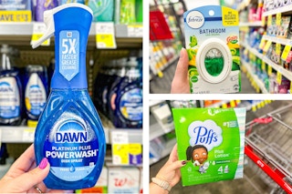 collage image of dawn powerwash, puffs tissues, and febreze air freshener