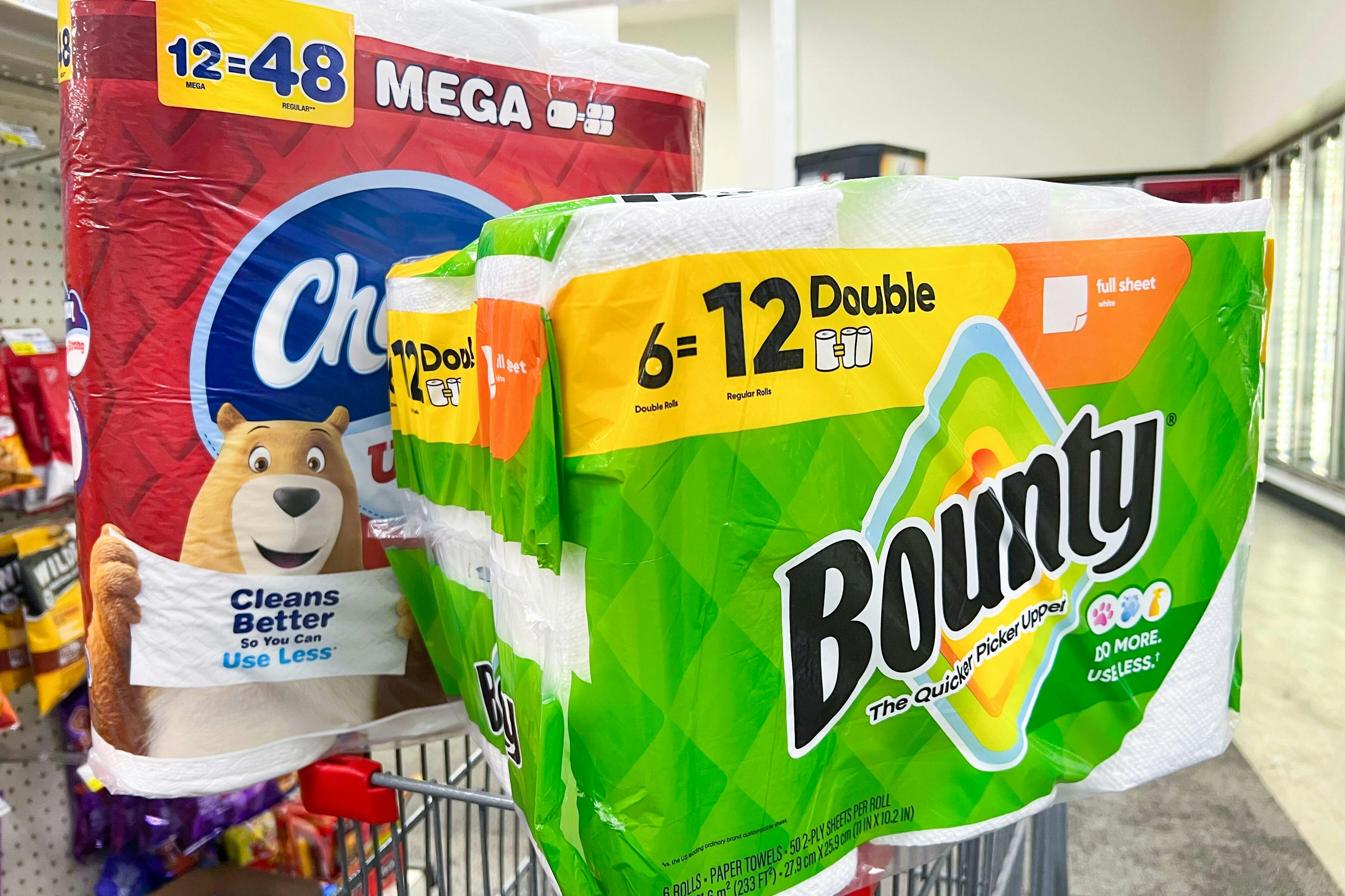 charmin toilet paper and bounty paper towels on a cart