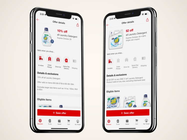 Two phones showing laundry detergent coupons on the Target app