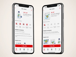Two phones showing laundry detergent coupons on the Target app