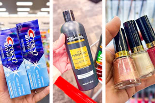 collage image of crest toothpaste, tresemme shampoo, and revlon nail polish