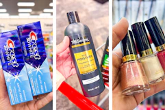 collage image of crest toothpaste, tresemme shampoo, and revlon nail polish