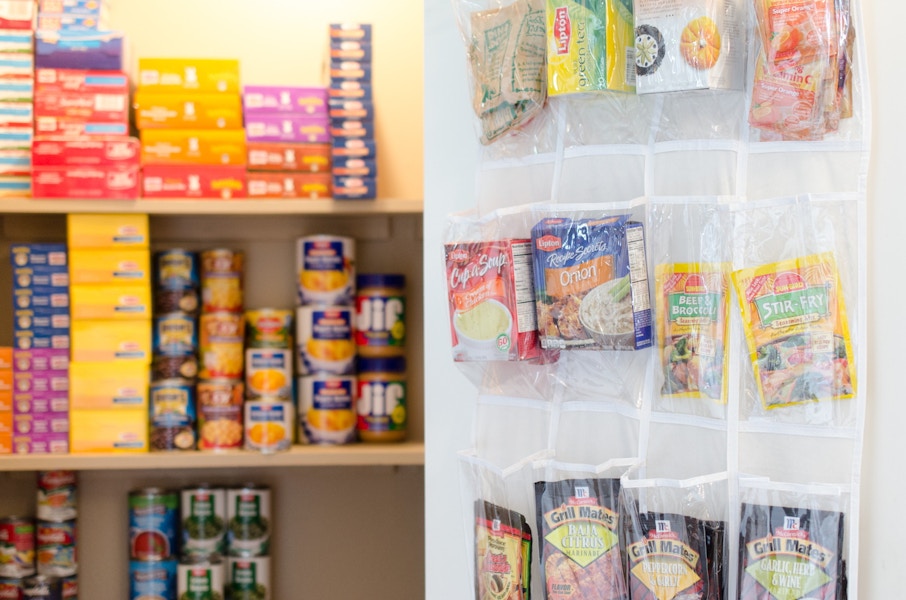 food in pantry and in shoe over the door hanger