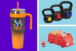 Disney Stitch Halloween tumbler, kettle bell weights, Peppa Pig toy