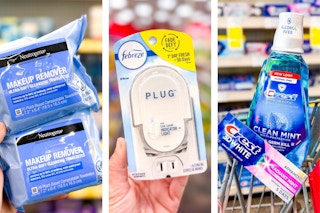 collage image of neutrogena makeup wipes, febreze plug warmer, and crest oral care