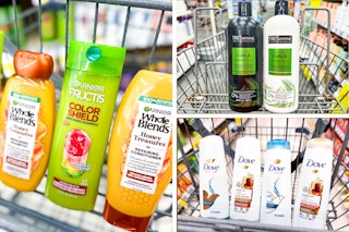 collage of three photos with garnier tresemme and dove shampoo