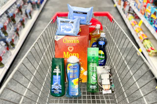 cart full of body wash, shampoo, cereal, makeup wipes, dish soap, and an air wick warmer in a cart