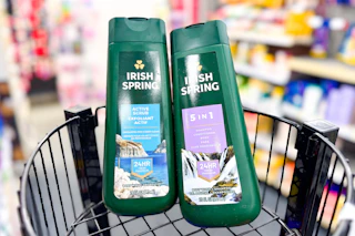 2 bottles of irish spring body wash in a basket