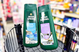 2 bottles of irish spring body wash in a basket