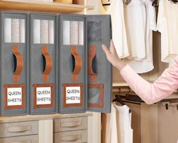 bed sheet storage containers in a closet