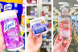 collage image of lysol wipes, loreal moisturizer, and garnier micellar water