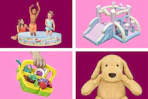 Kids pool, bounce house, stuffed animal and Playdoh set