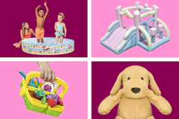 Kids pool, bounce house, stuffed animal and Playdoh set