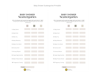 printable game of scattergories for a baby shower