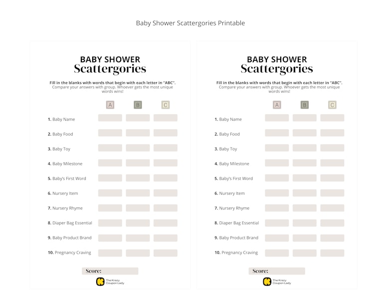 printable game of scattergories for a baby shower