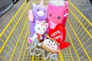 dollar general valentine's day plushes in a shopping cart