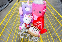 dollar general valentine's day plushes in a shopping cart