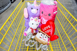 dollar general valentine's day plushes in a shopping cart