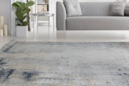 A rug that's supposed to be 3 x 5 feet is on the floor in front of a grey sofa. This is the only pic that didn't look like an 8 x 10.