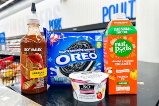 oreos, sriracha, yogurt, and creamer on a shelf