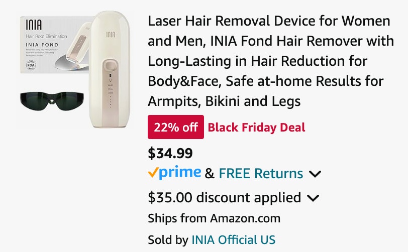 screenshot of a $34.99 laser hair removal device