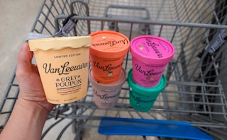 hand holding van leeuwen grey poupon french ice cream over walmart cart