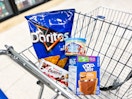 doritos, almonds, pop tarts, and candy bar in a cart