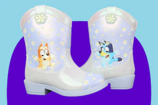 Toddler Bluey Cowgirl Boots over blue max shape background