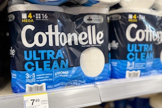 4-pack of toilet paper on store shelf with price tag